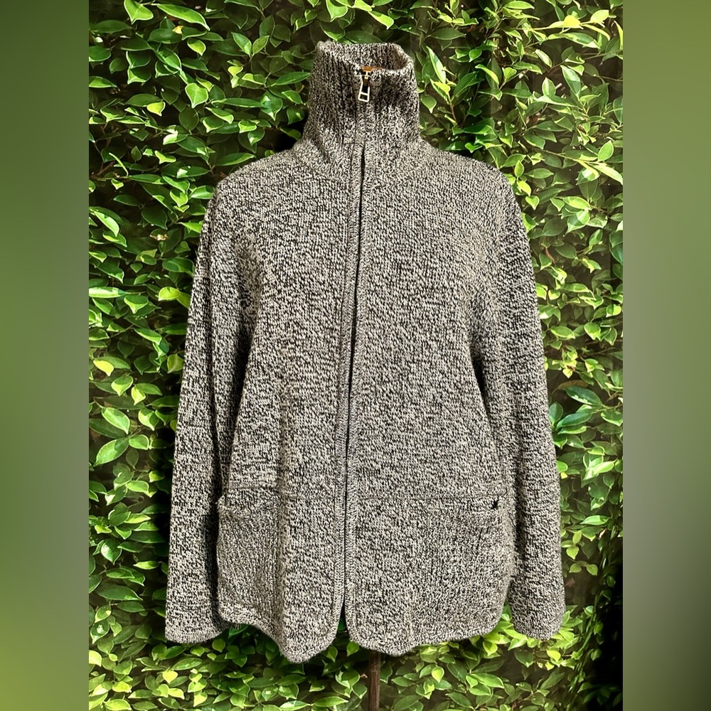 Hope & Honey Black White Cardigan Sweater Roll Collar Zip Up Pockets Women’s PL
